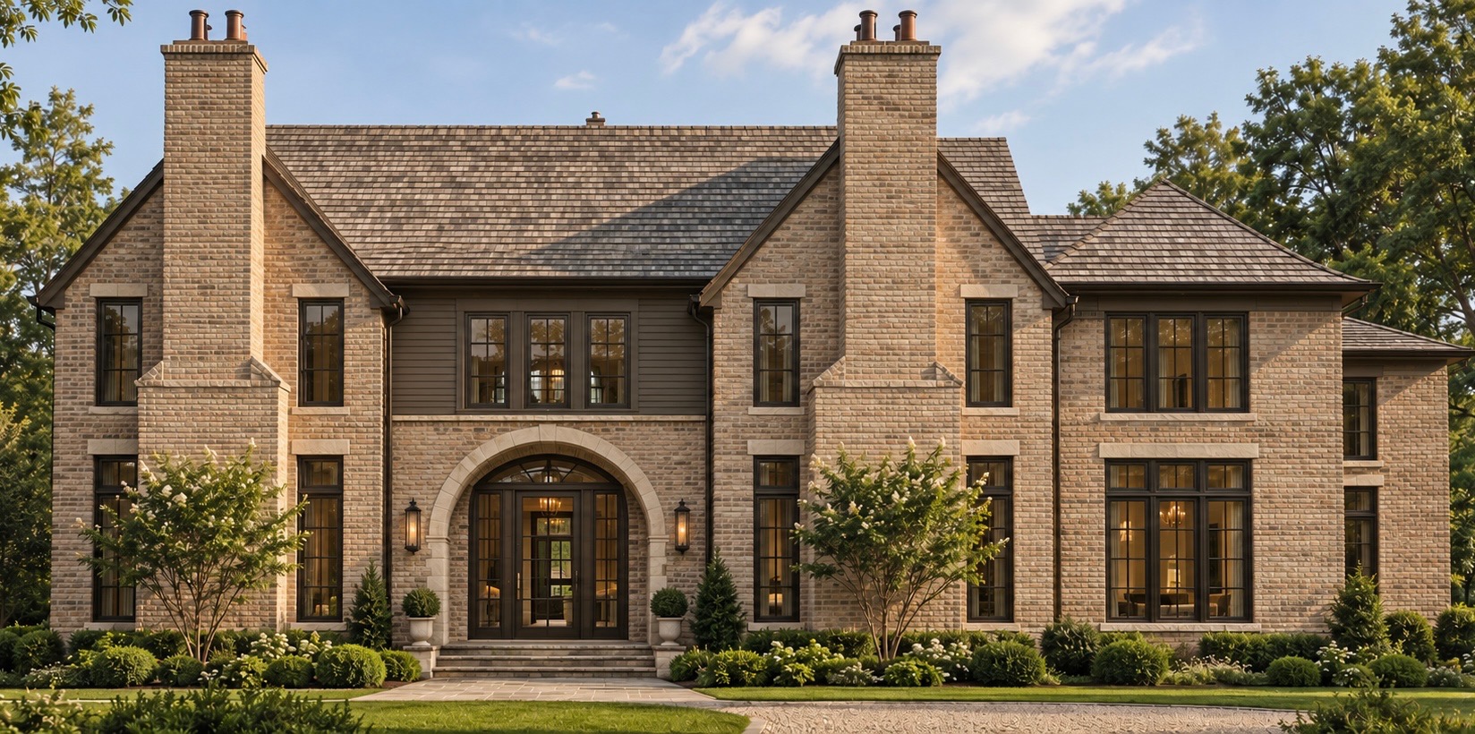 Rendering of a tan brick house with an arched stone entry, dark windows and a slate roof