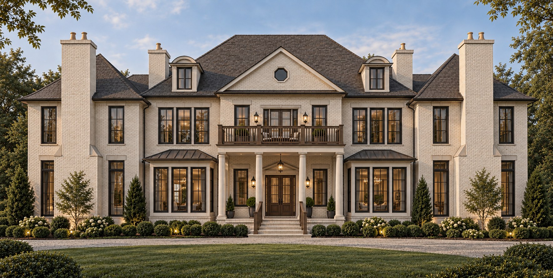 A cream brick house with a columned portico, a dark slate roof and a circular gravel drive