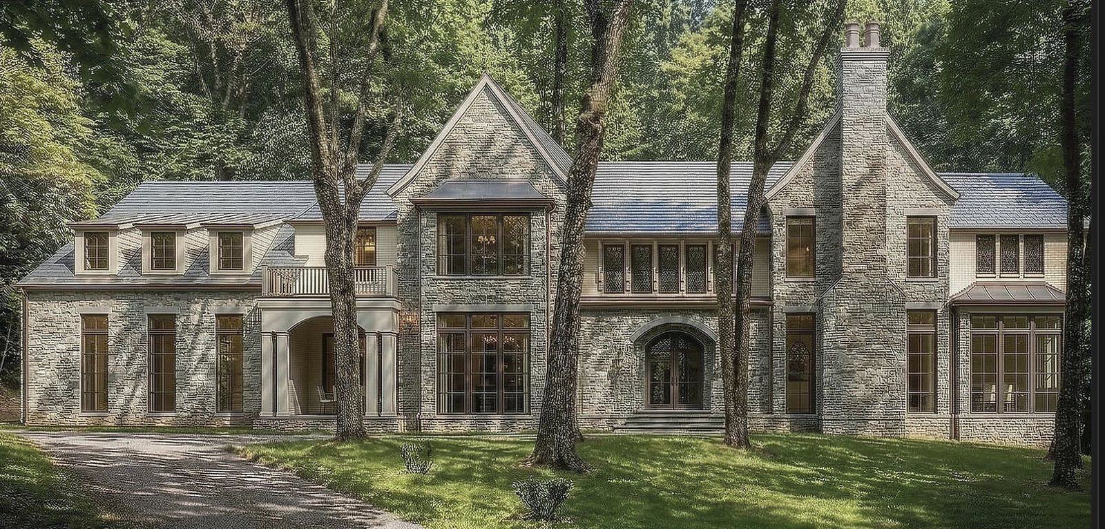 A stone house with a slate roof, gabled dormers and a stone chimney, set among mature trees